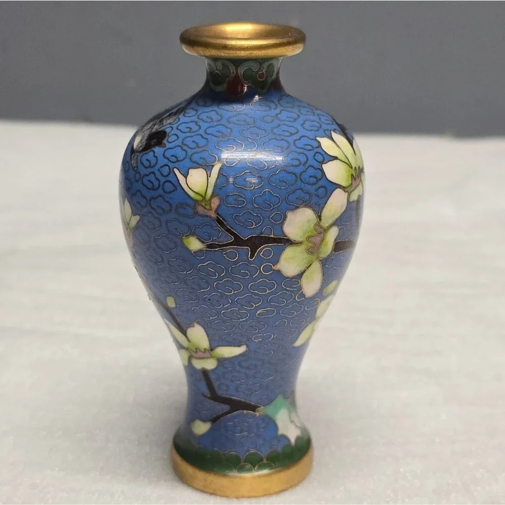 Cloisonne Cherry Blossom Flowers With Bird Blue Vintage Chinese Mini Vase